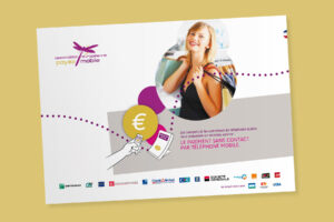 Couverture de la brochure créée par Julien Maurel, graphiste à Toulouse, pour l’AEPM en 2010 afin de présenter le paiement sans contact par téléphone mobile.