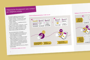 Double page intérieure de la brochure AEPM réalisée par Julien Maurel, graphiste à Toulouse, présentant les schémas pédagogiques TAP, PIN et GO pour expliquer le paiement mobile sans contact.