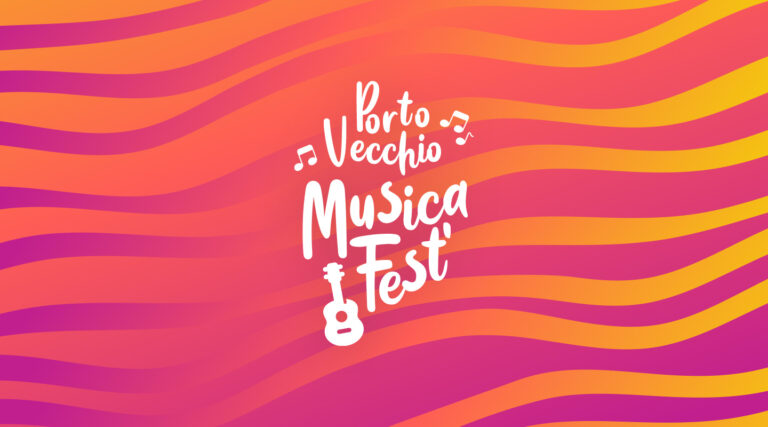 Identité visuelle du Porto-Vecchio Musica Fest créée par Julien Maurel, graphiste et directeur artistique à Toulouse – un motif de vagues aux couleurs chaudes et musicales.